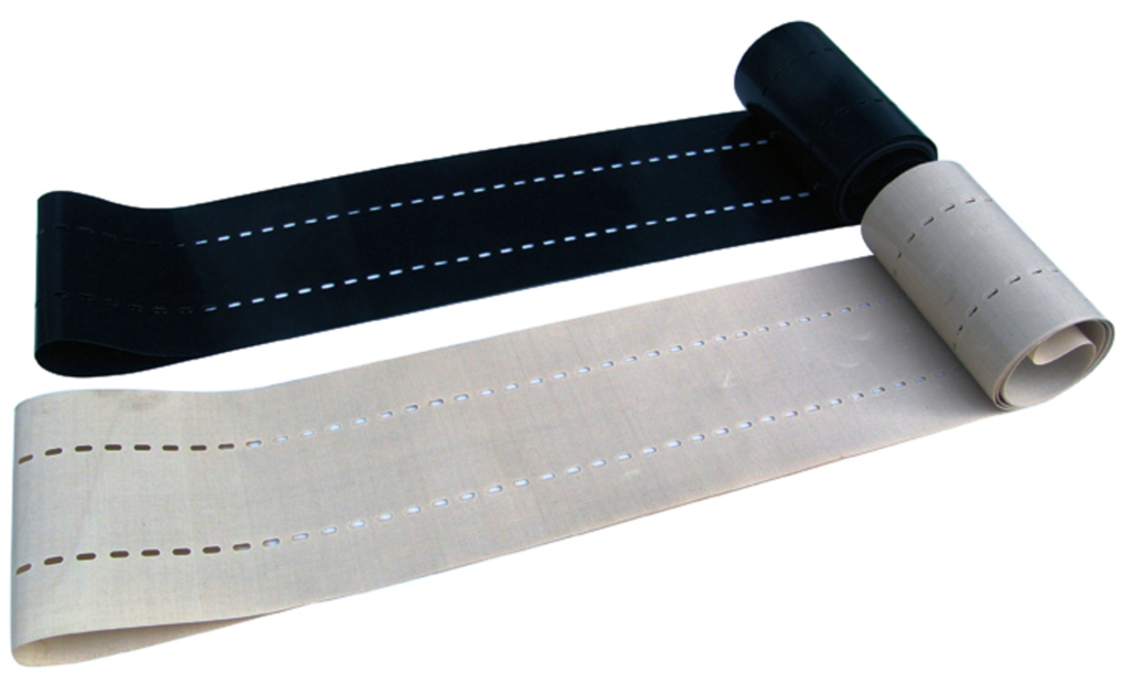 Bandas continuas en Teflón® (PTFE) negro antiestático y amarillo estático con guías perforadas